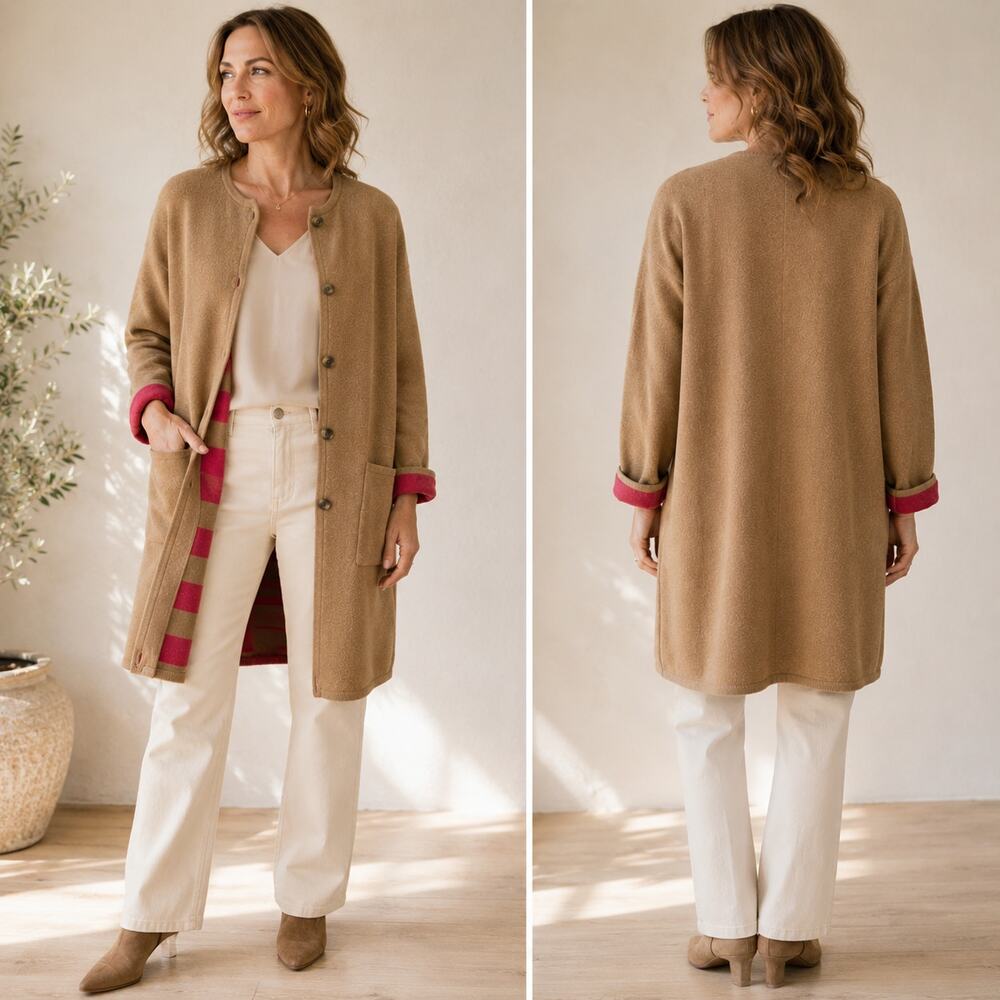 Rosso35 Merino Wool Sweater Jacket Coat Camal Tan Button Front 42 US 6 Italy - Picture 2 of 10
